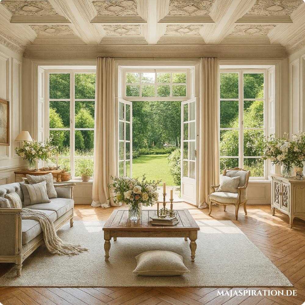 Wohnzimmer im Landhausstil mit großen Fenstern