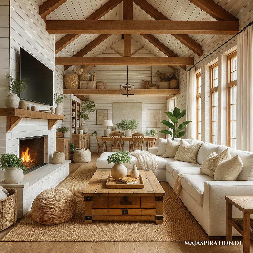 Wohnzimmer im Landhausstil mit Kamin und Fernseher