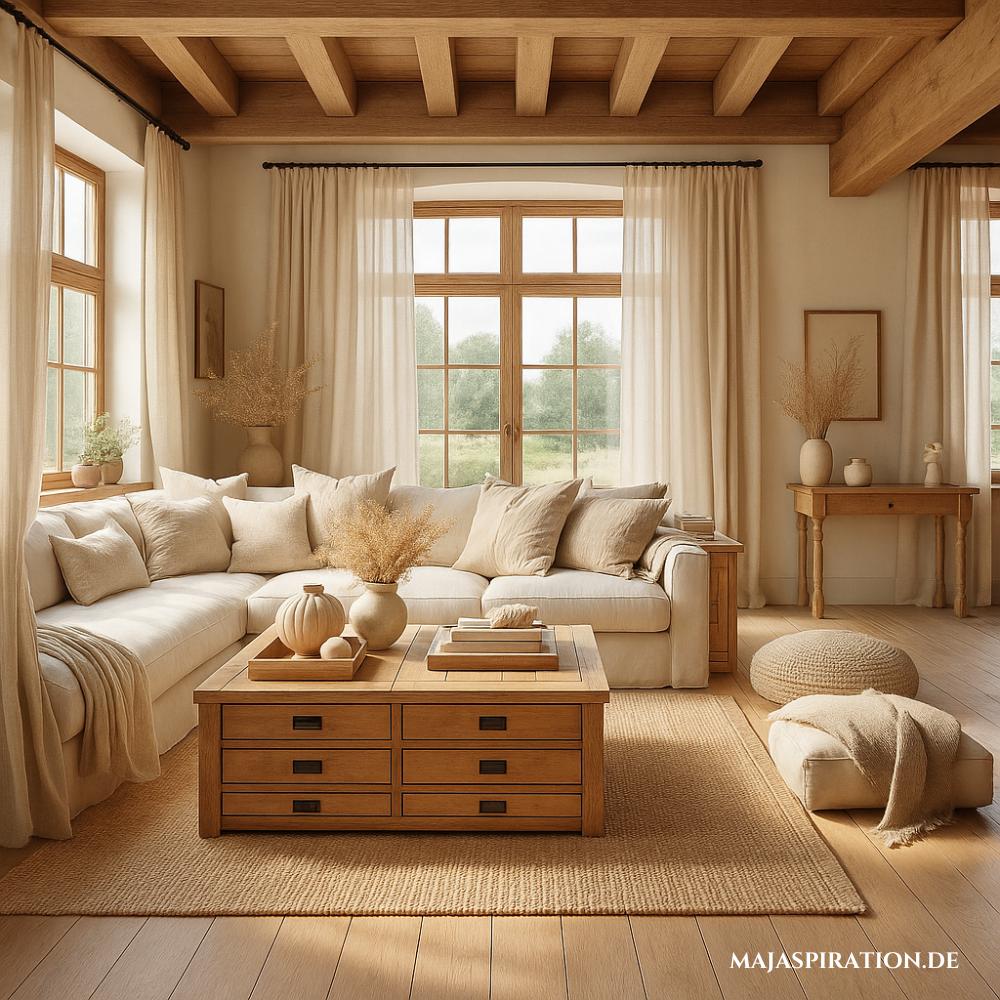 Wohnzimmer im Landhausstil mit lagen Gardinen und massivem Couchtisch mit Schubladen