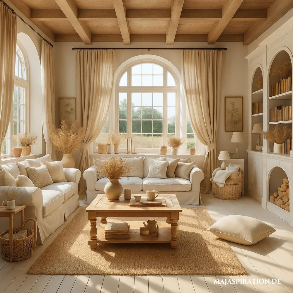 Wohnzimmer im Landhausstil mit vielen Kissen, Bücherregal und langen Vorhängen.