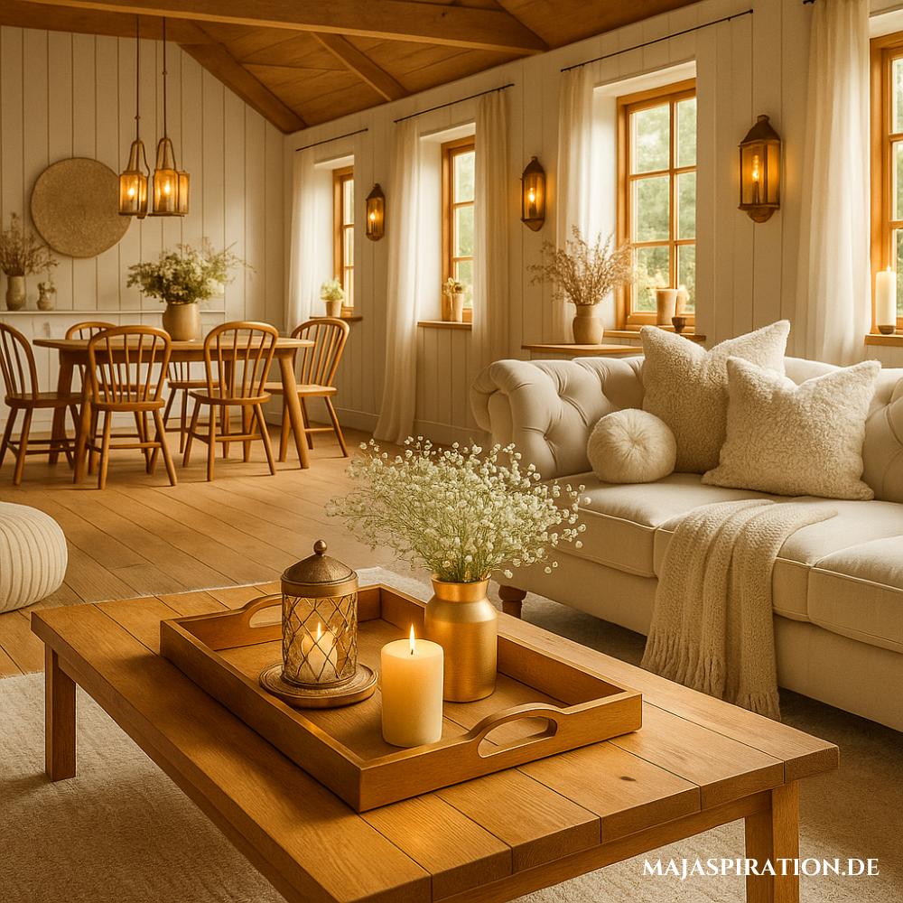 Wohnzimmer im Landhausstil mit Kerzen und Laternen