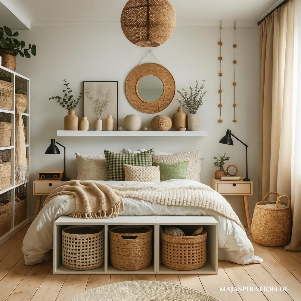 Kleine Schlafzimmer organisieren durch Regal am Bettende als optischer Raumteiler und für zusätzlichen Stauraum