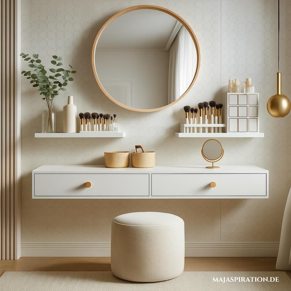 Stilvolle Schminktisch Idee für kleine Schlafzimmer mit schwebendem Regal mit Schubladen und beigem Sitzpouf