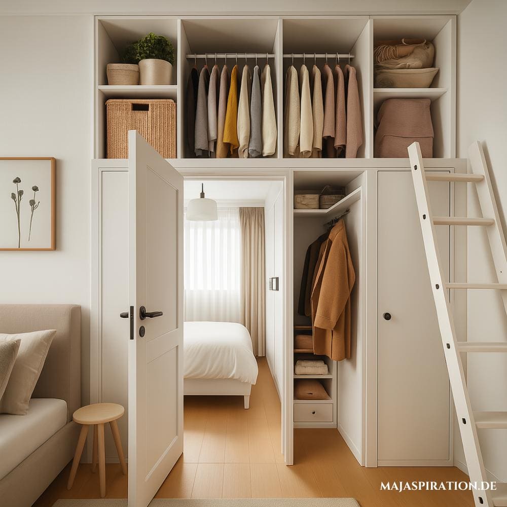 Kleine Schlafzimmer organisieren mit zusätzlichem Garderobenplatz über dem Türrahmen
