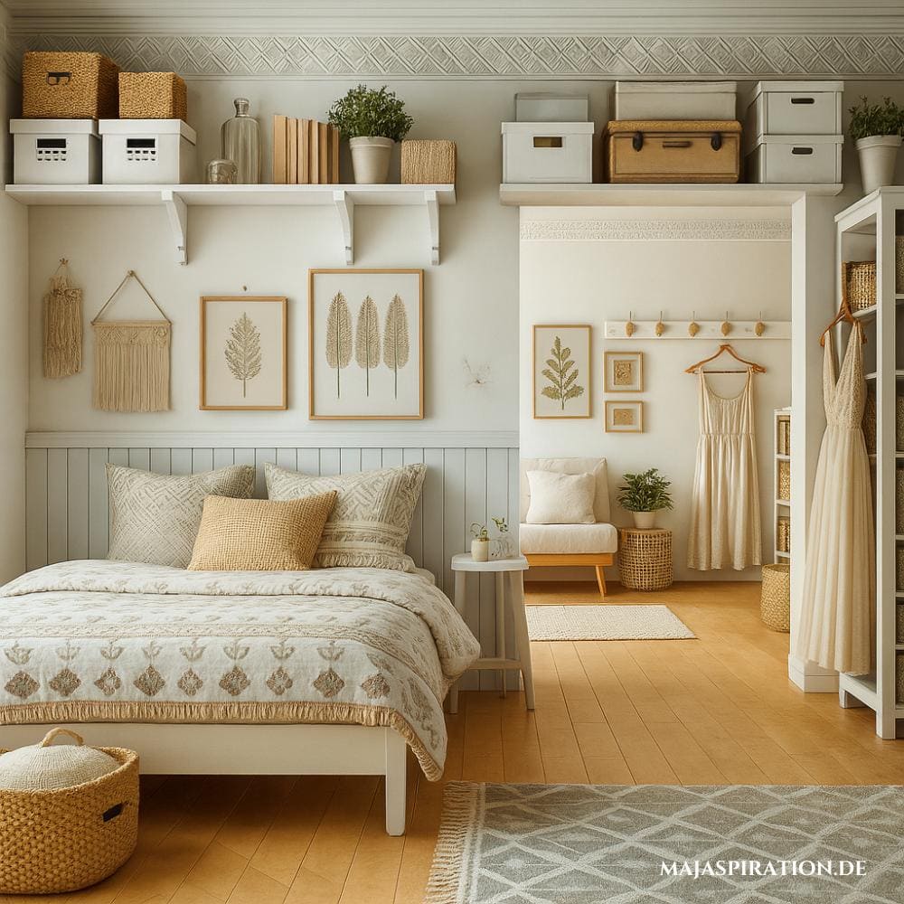 Kleine Schlafzimmer organisieren mit zusätzlichen Regalen über dem Türrahmen als Stauraum für Boxen und Kisten