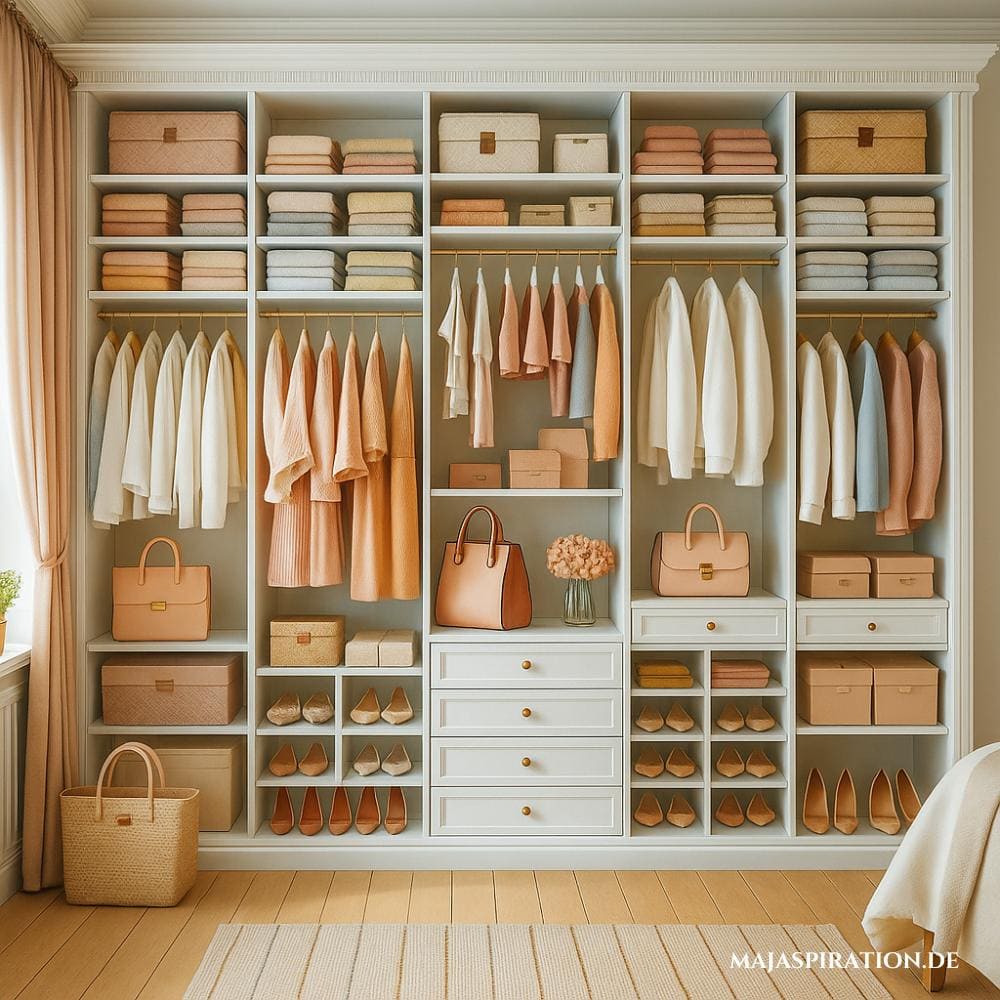 Hoher, ästhetischer offener Kleiderschrank, der bis unter die Decke reicht für maximale Organisation und Stauraum