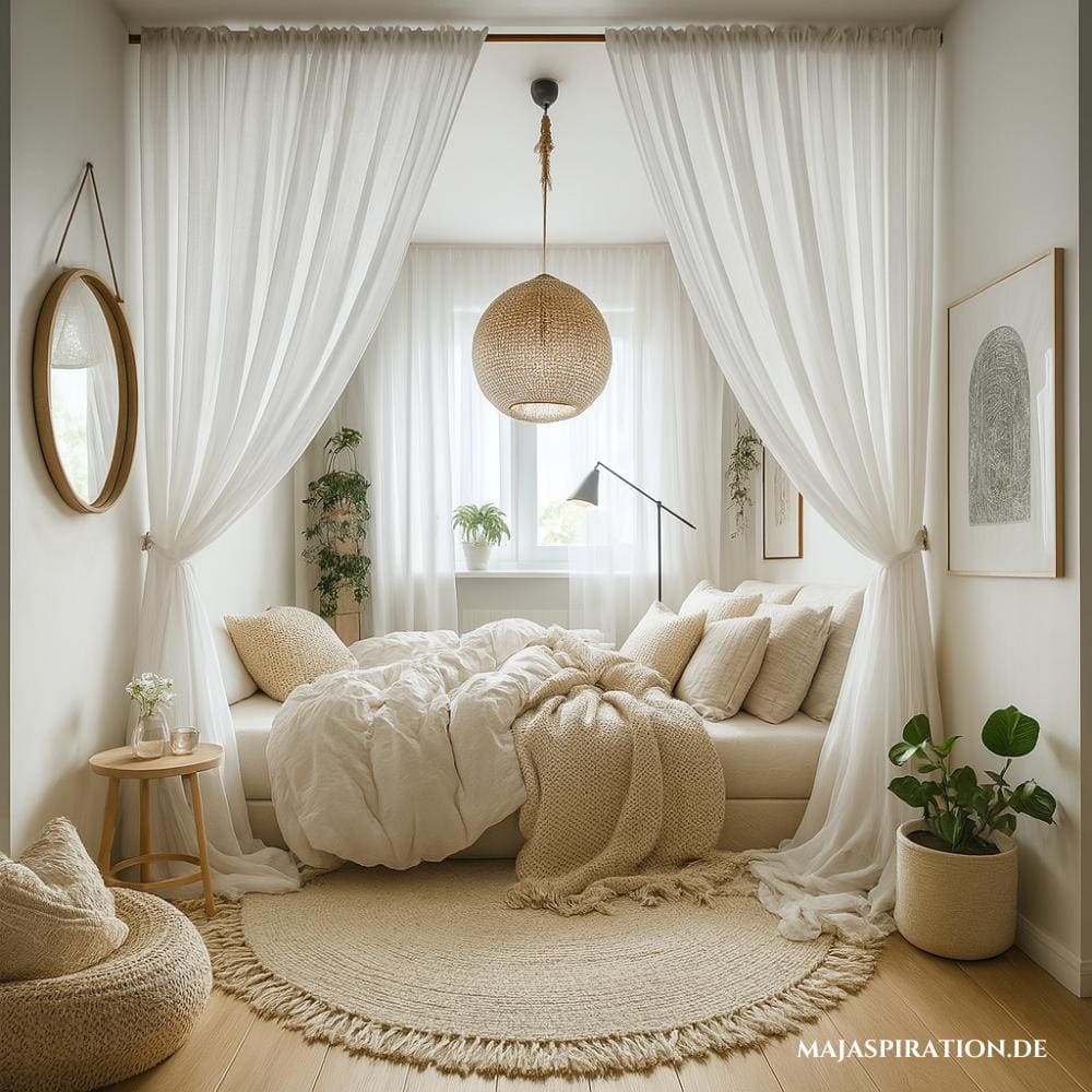 Gemütliches, kleines Schlafzimmer organisieren mit Vorhängen, die das Bett abgrenzen.
