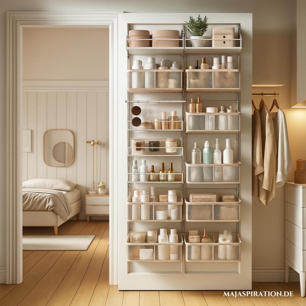 Stauraum Idee um kleine Schlafzimmer zu organisieren: Regal an der Tür befestigen!