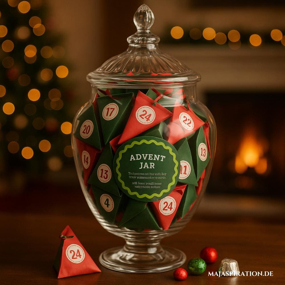 Adventskalender Idee mit kleinen Tütchen im Bonbon Glas
