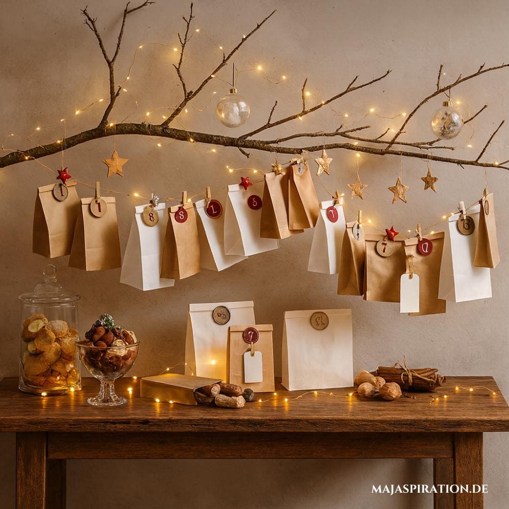Schöne Adventskalender Idee mit Papiertüten an Lichterast