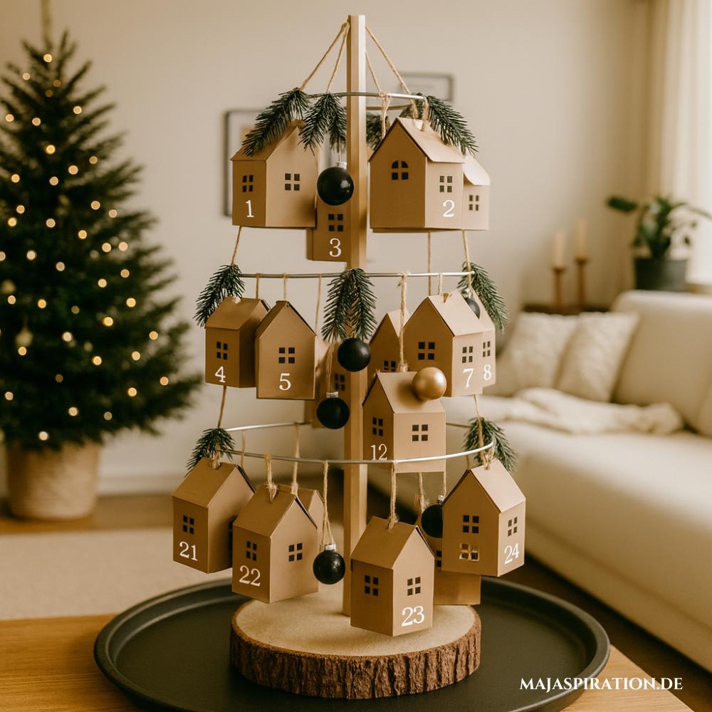 Kreativer Adventskalender mit hängenden Häuschen