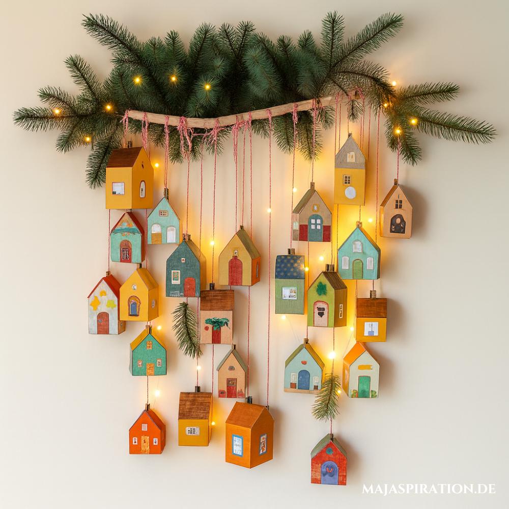 Adventskalender Idee mit Häuschen an Ast