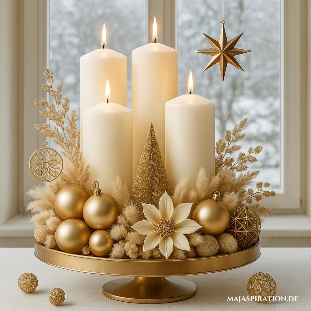Goldener Adventskranz auf Tortenständer