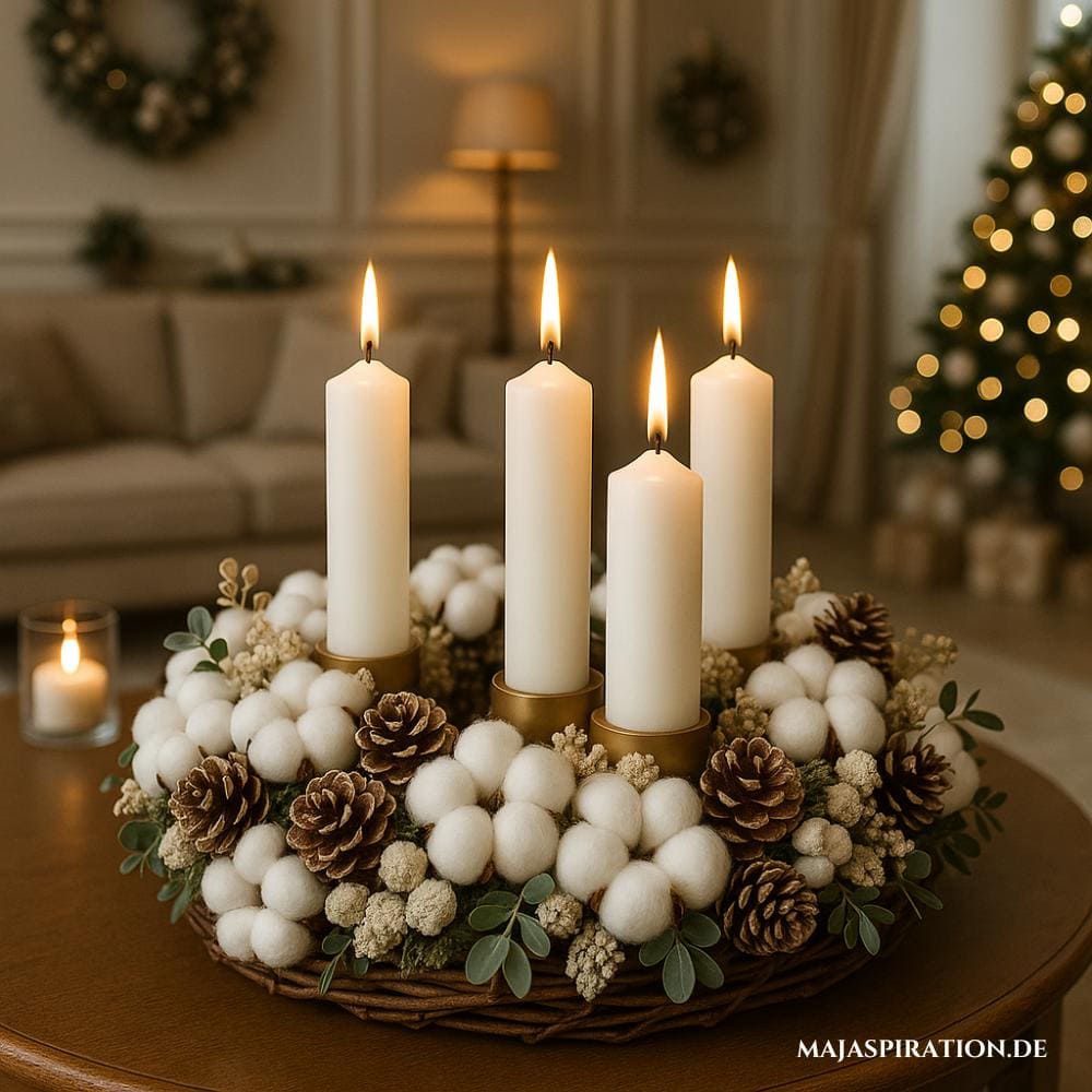 Adventskranz mit Baumwolle und Tannenzapfen
