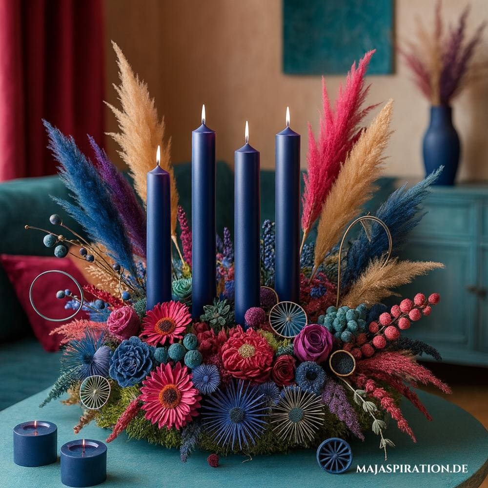 Ausgefallene Adventskranz Idee mit kräftigen Farben