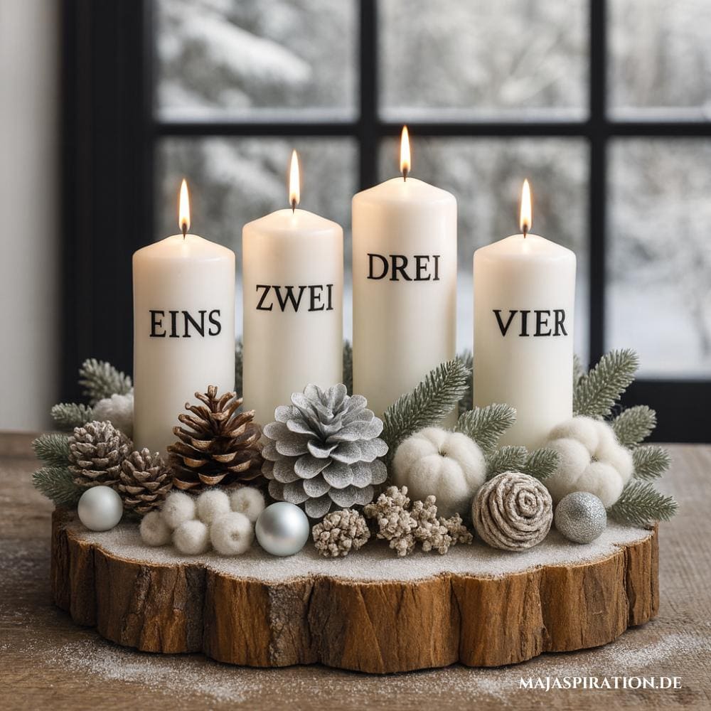Adventskranz Idee mit beschrifteten Kerzen