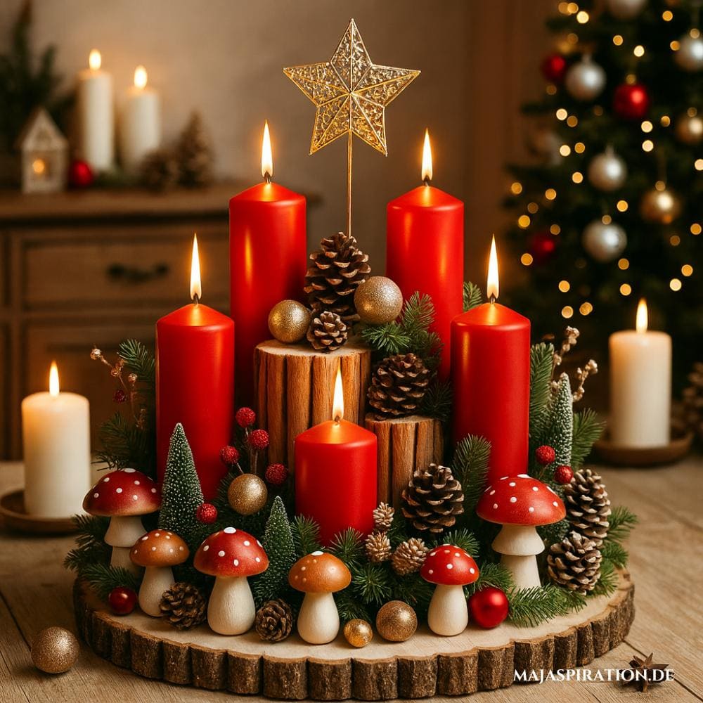 Adventskranz mit roten Pilzen und Waldlandschaft