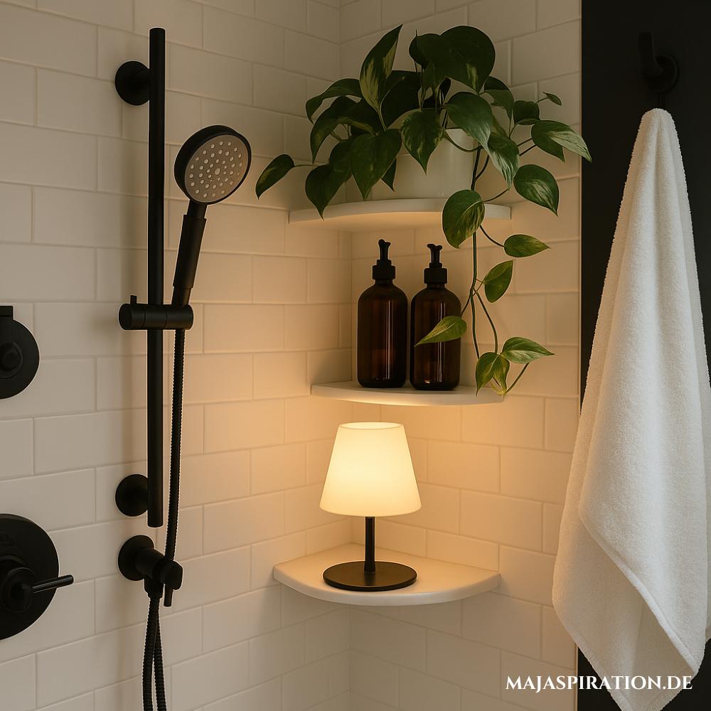 Schöne Dusche it Eckregal und wasserfester Tischlampe