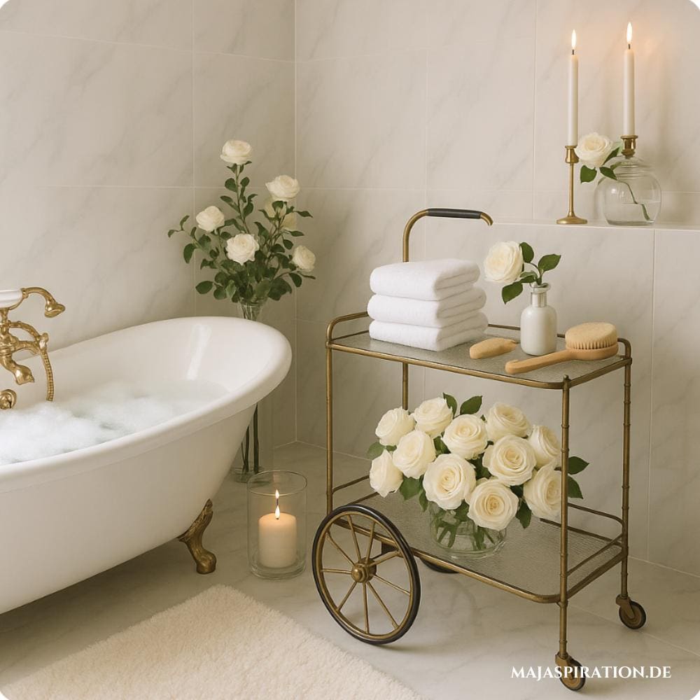 Edles Badezimmer mit goldenem Servierwagen als Handtuchhalter