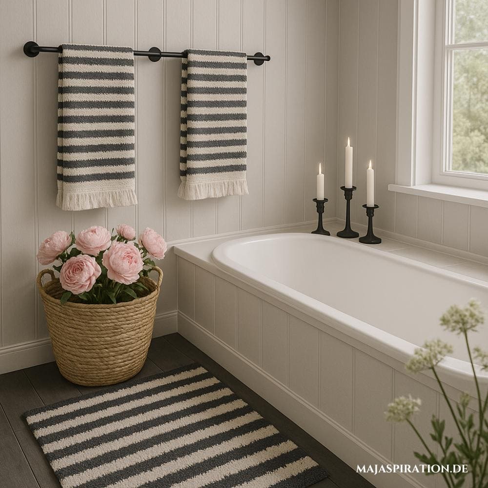 Bad Makeover mit schwarz-weiß gestreifter Home Decor