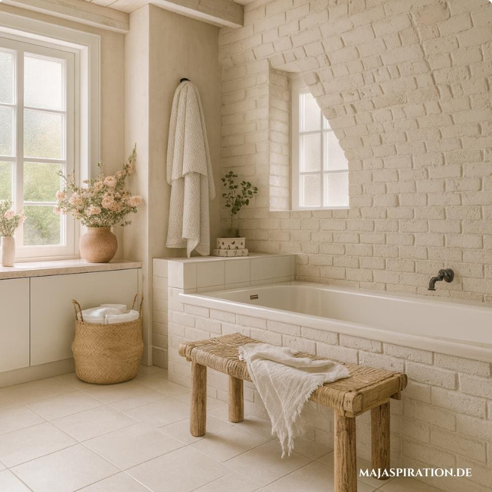 Holzbank vor der Badewanne in einem Steinwand Bad für ein Makeover mit Home Decor im Bad