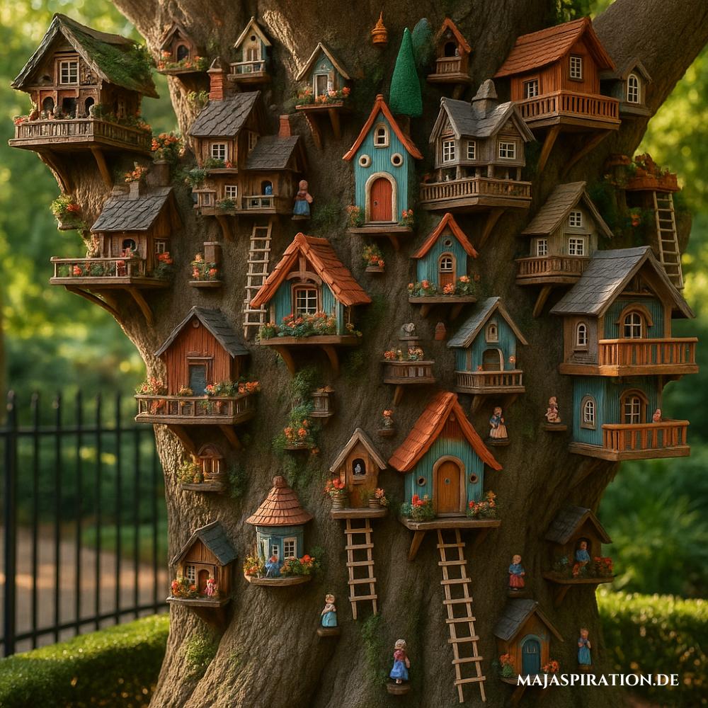 Miniaturdorf an Baumstamm als selbstgemachte Garten Deko