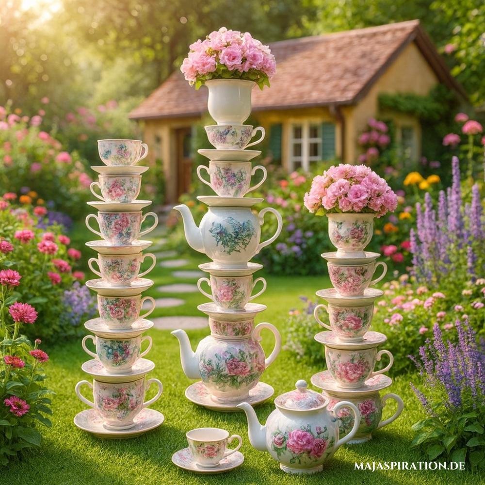 Kreative DIY Garten Deko Idee mit Teekannen und Tassen Türmen