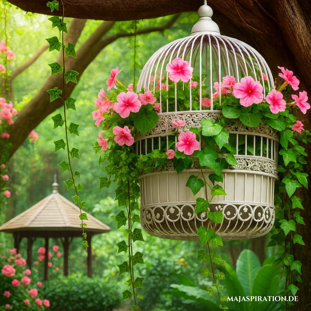 Märchenhafte Garten Dekoration mit Vintage Vogelkäfig als schwebender Blumentopf