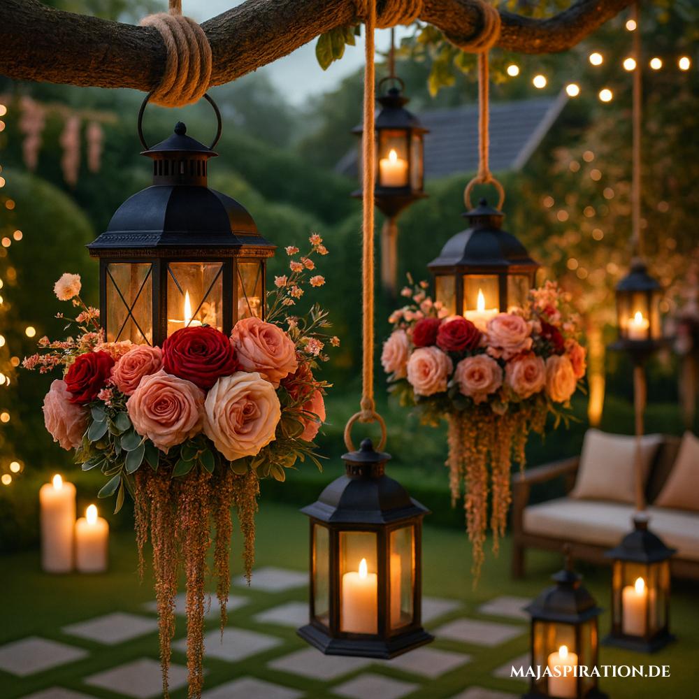 Hängende Windlichter mit Blumendeko