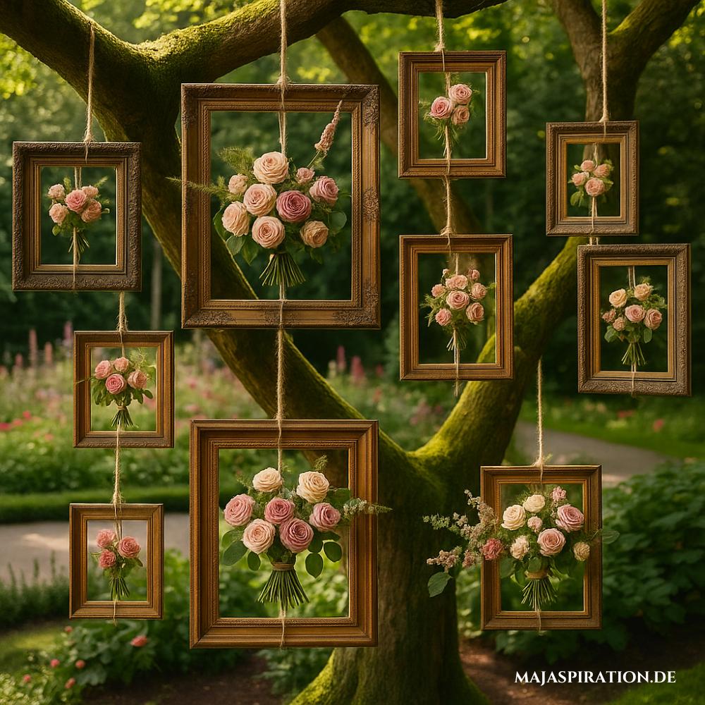 DIY Garten Deko Idee mit hängenden Bilderrahmen mit Blumen