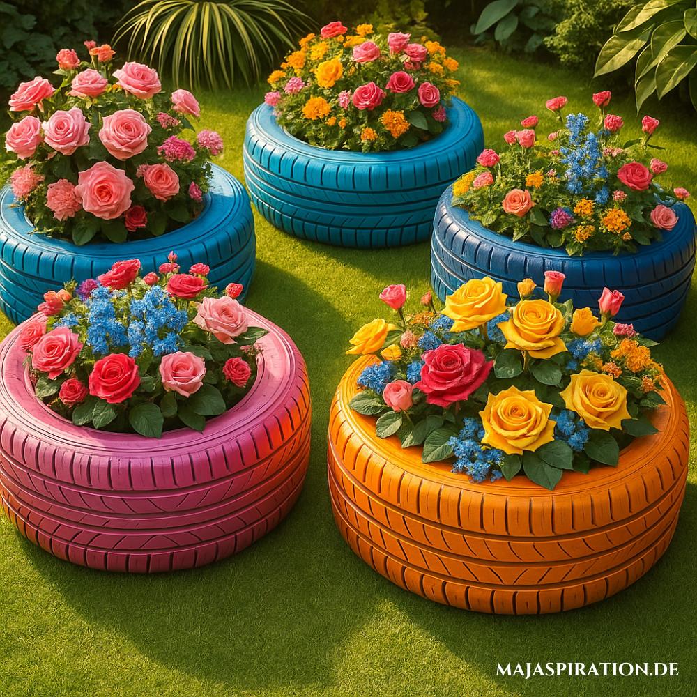DIY Idee für den Garten mit bunten Autoreifen als Blumenbeet