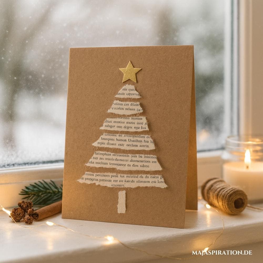Kraftpapier Weihnachtskarte mit Tanne aus Buchseiten-Schnipseln