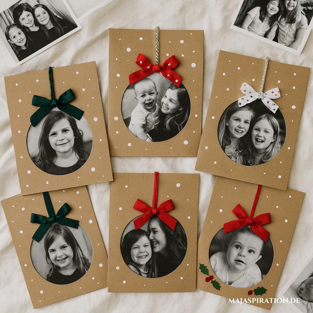 DIY Weihnachtskarte mit Fotos als Weihnachtsbaumkugeln