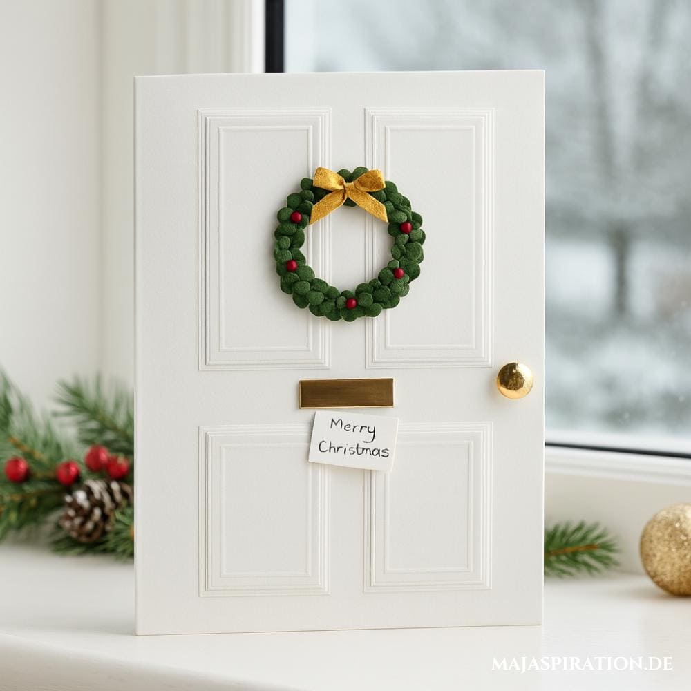 DIY Weihnachtskarte als weiße Haustür mit Kranz