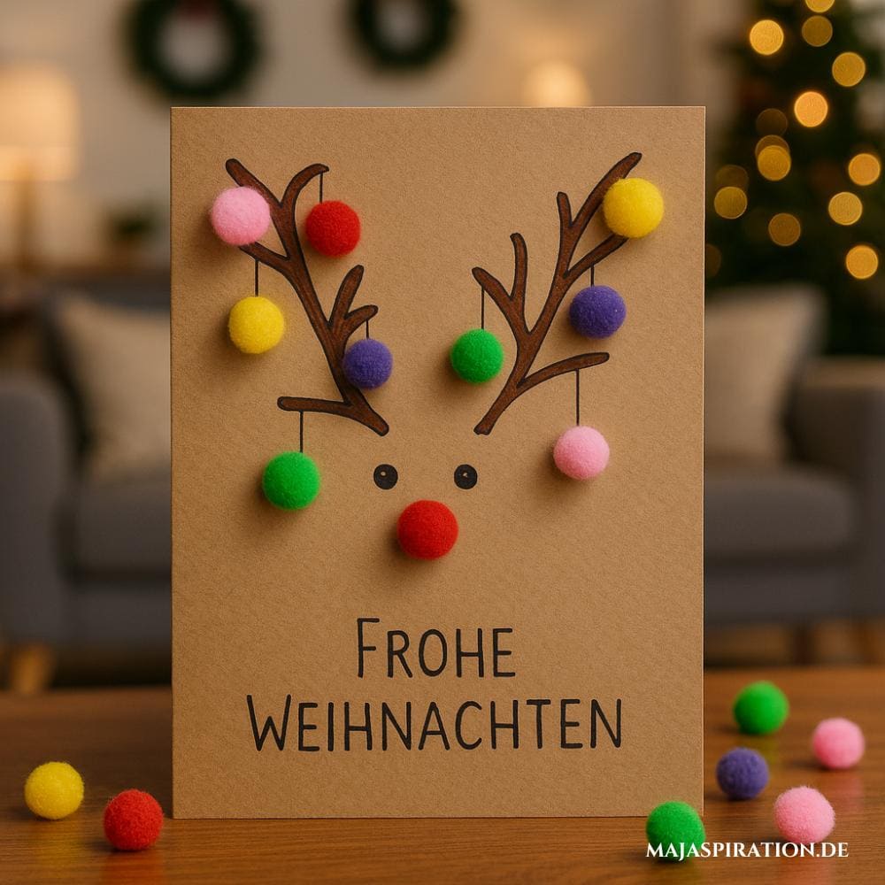 DIY Weihnachtskarte mit bunten Pompoms und Rentiergeweih