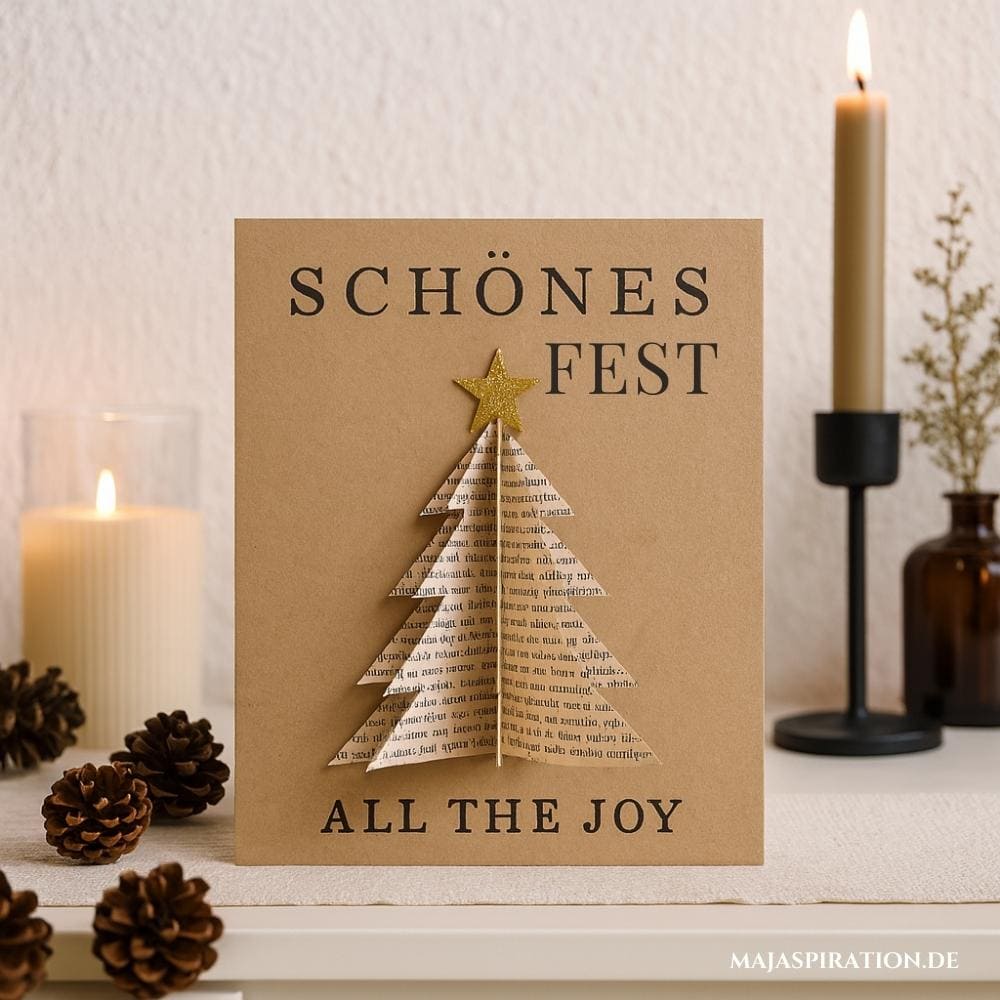 Weihnachtskarte aus Kraftpapier und Tannenbaum aus Buchseiten