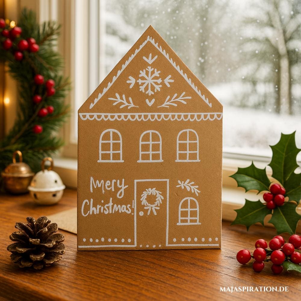 Kraftpapierhaus mit weißer Bemalung als Weihnachtskarte