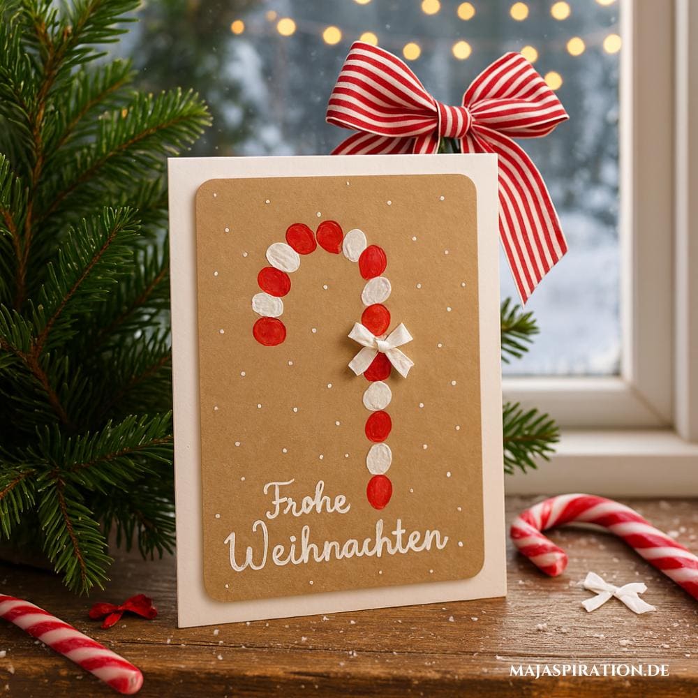 DIY Weihnachtskarte mit Daumenabdrücken in rot und weiß