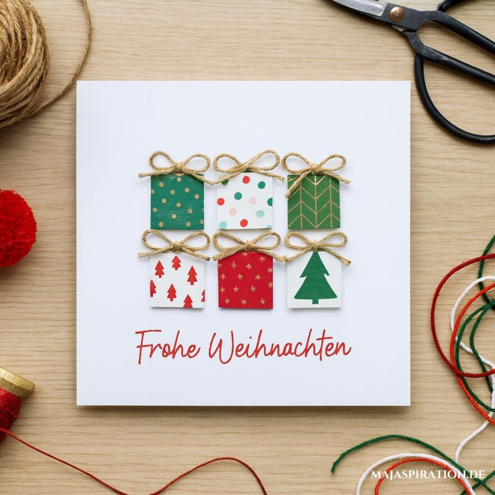DIY Weihnachtskarte mit kleinen Geschenken und Schleifen
