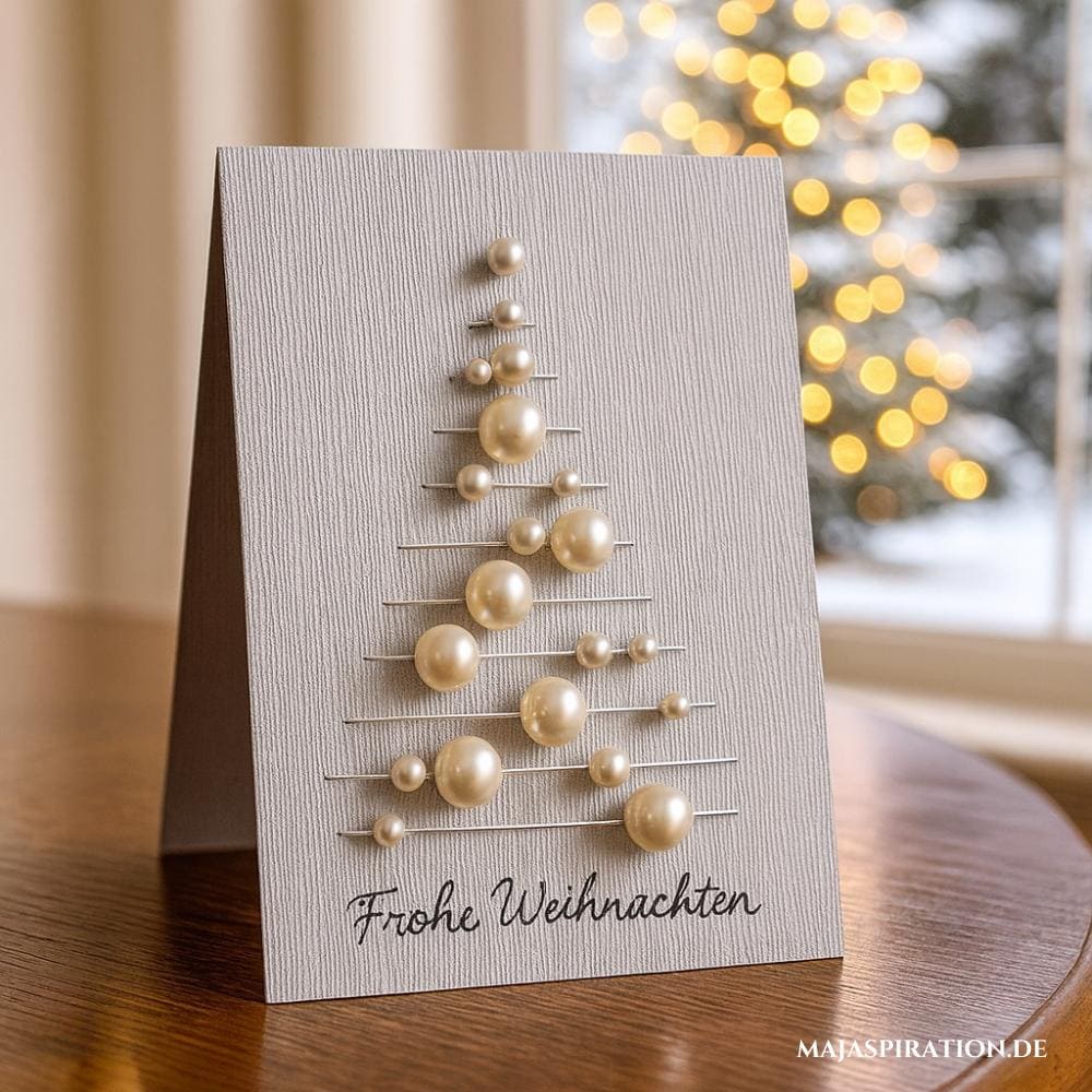 DIY Weihnachtskarte mit Weihnachtsbaum aus Schnur und aufgezogenen Perlen