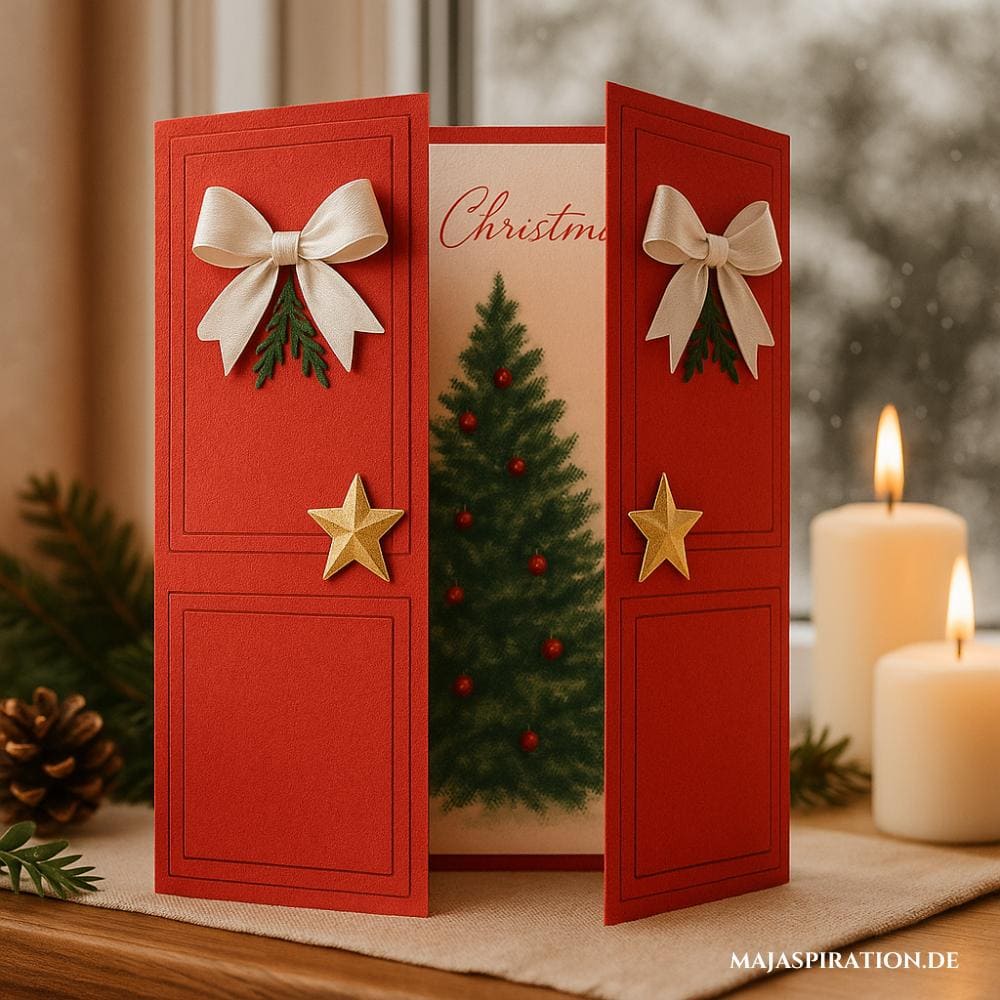 DIY Weihnachtskarte in Form einer roten Türe, durch die man eine Tanne sieht