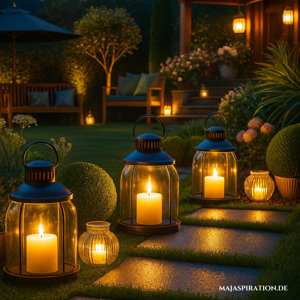 Beleuchtungsidee für den Garten mit Kerzen und Windlichtern