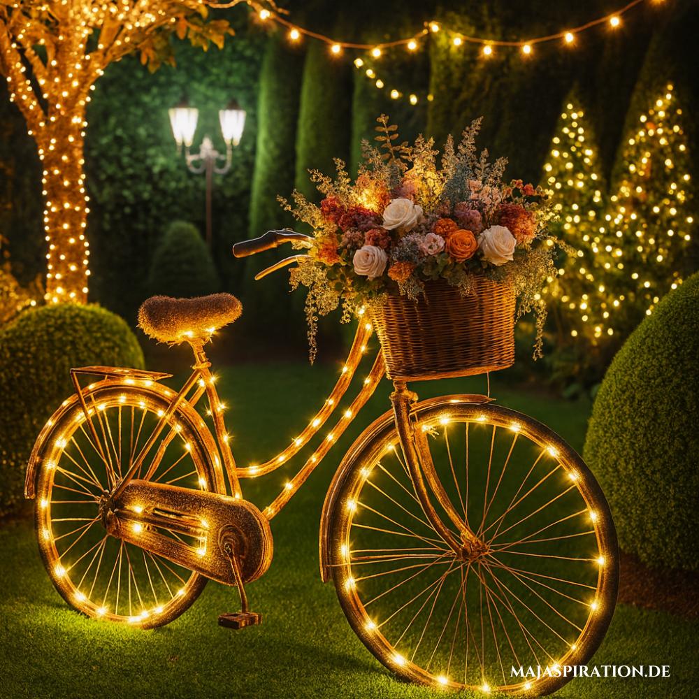 Mit Lichterketten beleuchtetes Fahrrad als kreative Beleuchtungsidee für den Garten