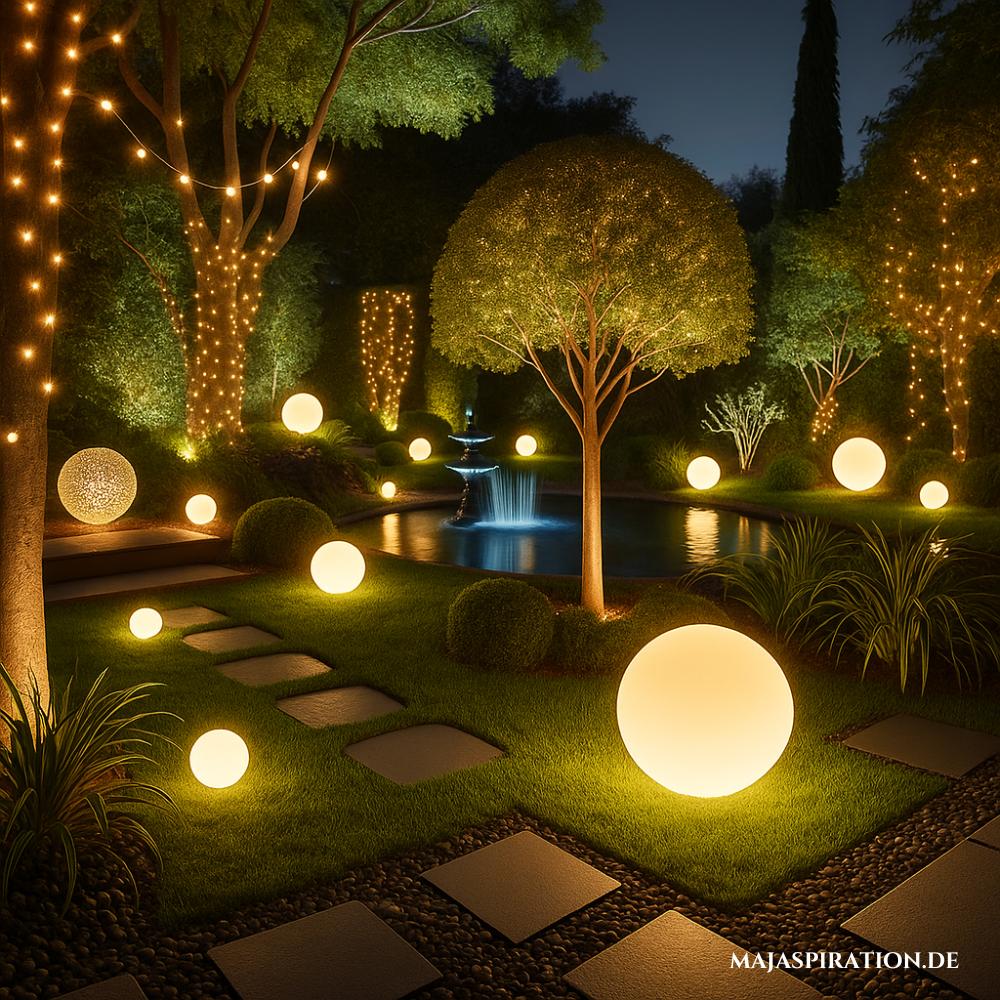 Beleuchtungsidee für den Garten mit Kugelleuchten für eine stimmungsvolle Atmosphäre.