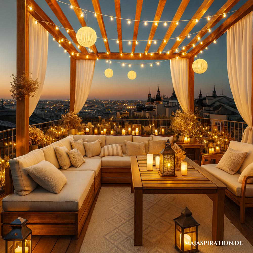 Terrasse mit Baldachin, die mit Lichterkette und Windlichtern gemütlich beleuchtet ist.