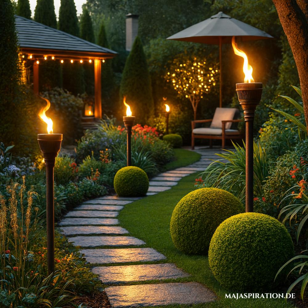 Beleuchtungsidee für den Garten mit Öl-Fackeln für ein exotisches Flair.