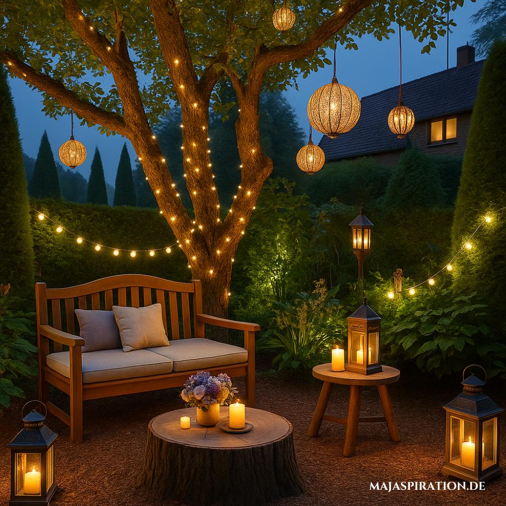 Gartenbeleuchtung mit Lichterkette um Baum geschlungen für eine gemütliche Atmosphäre