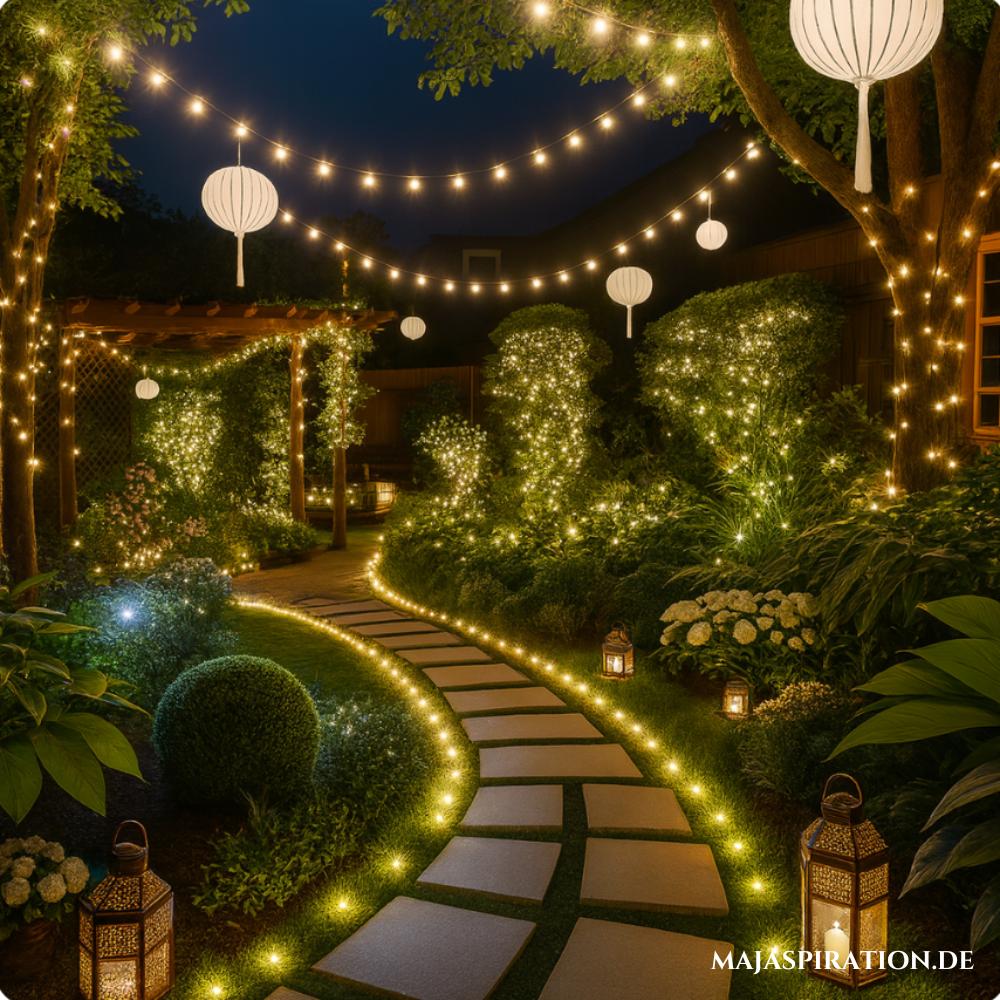 Beleuchtungsidee für den Gartenweg für eine stimmungsvolle Atmosphäre.