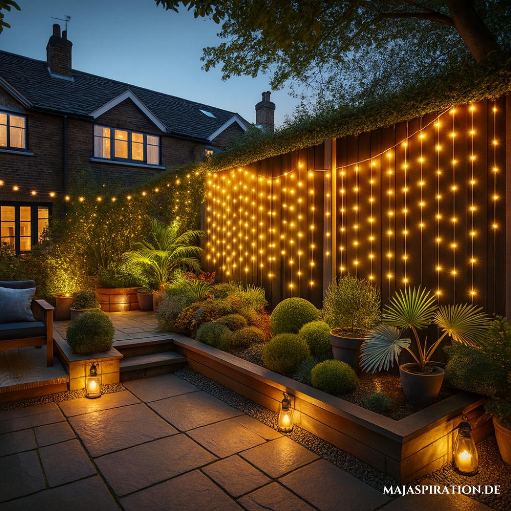 Wasserfall-Lichterketten an Gartenzaun als romantische Gartenbeleuchtung
