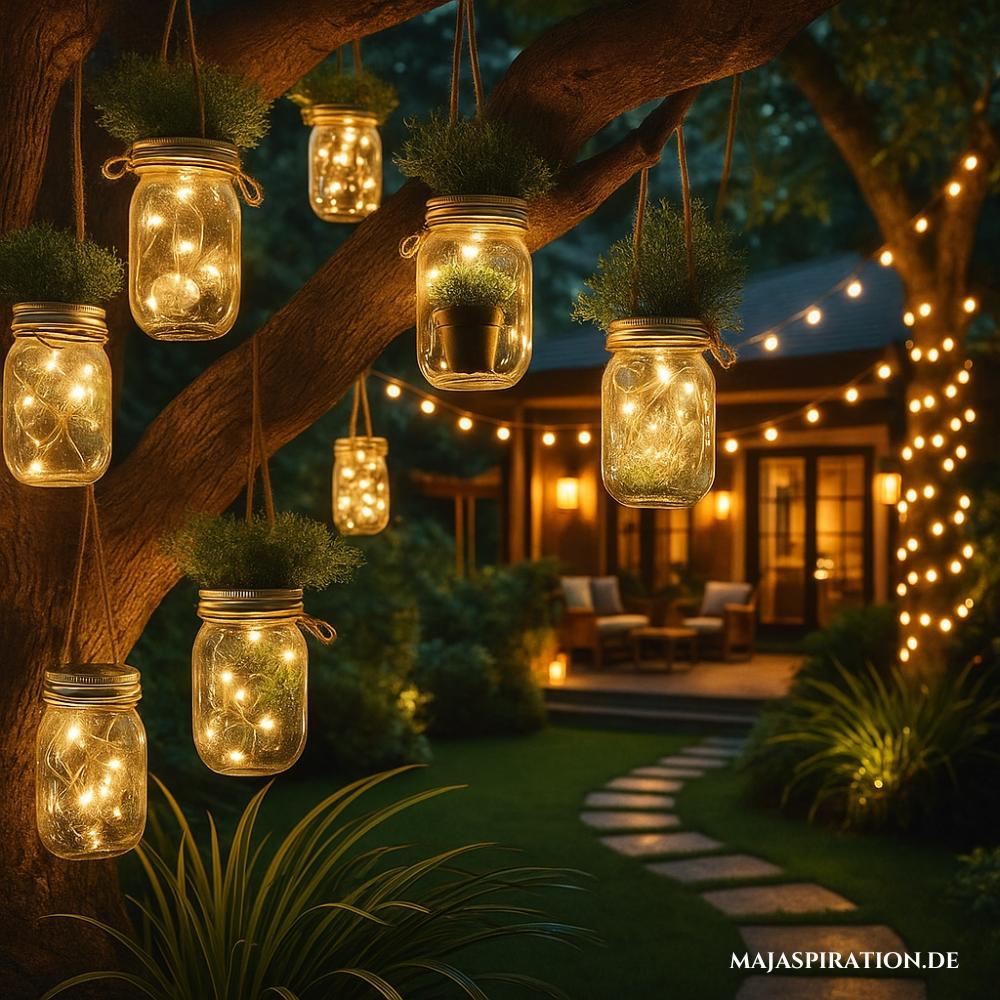Beleuchtungsidee für den Garten mit Vorratsgläsern und Lichterketten.